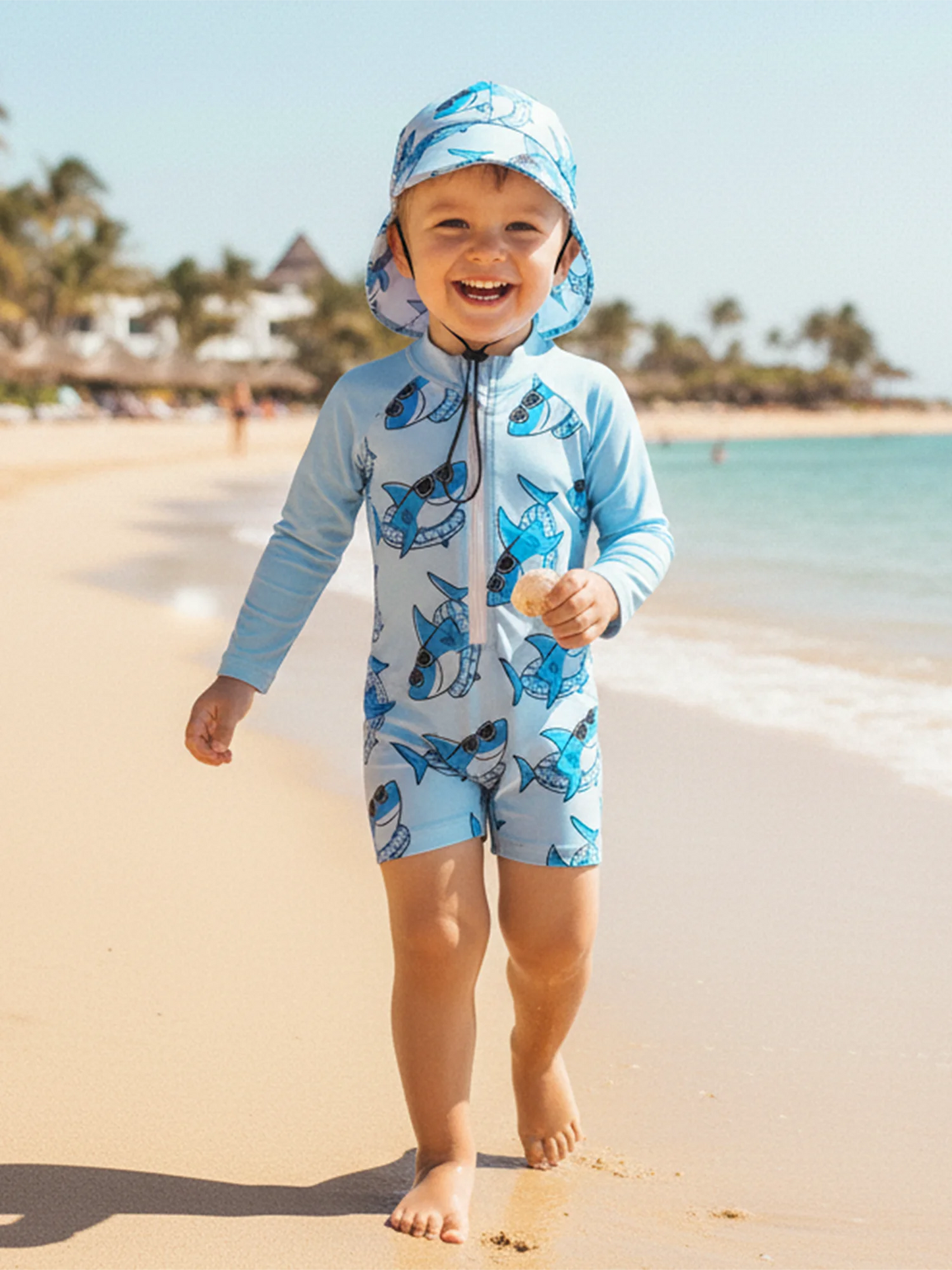 Baby Toddler Boys 2Pcs Rash Guard Swimsuit Shark Print Long Sleeve Zip Up Bathing Suit with Sun Cap Hat Set