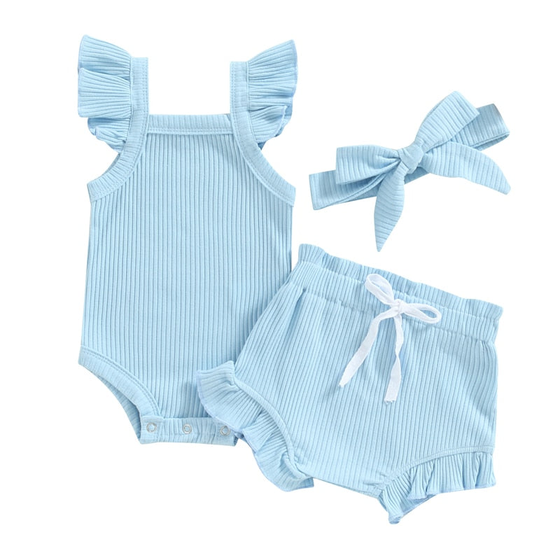 Baby Toddler Girls 3Pcs Flutter Sleeve Solid Romper Tops Drawstring Short Pants Headband Outfit