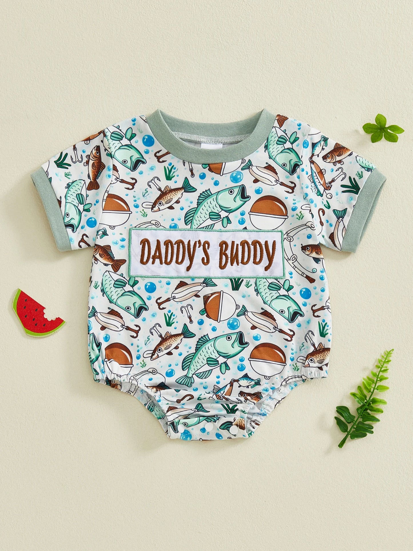 Baby Boy Daddy's Buddy / Boy Romper Adorable Fish Print Letter Embroidery Short Sleeve Round Neck Jumpsuit