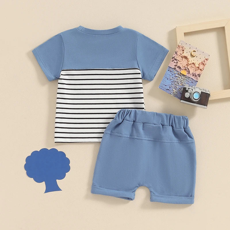 Toddler Baby Boy 2Pcs Summer Outfit Stripe Print Short Sleeve Pocket Top with Solid Color Shorts Set