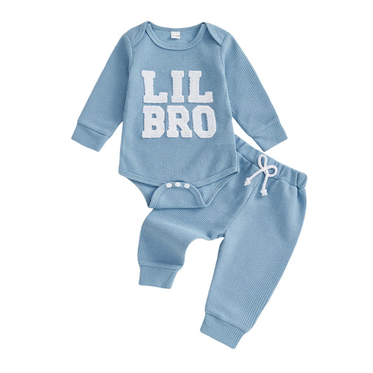 Baby Boy 2Pcs Lil Bro Outfit Waffle Letter Embroidered Ribbed Crew Neck Long Sleeve Romper and Jogger Pants 2 Pcs Set