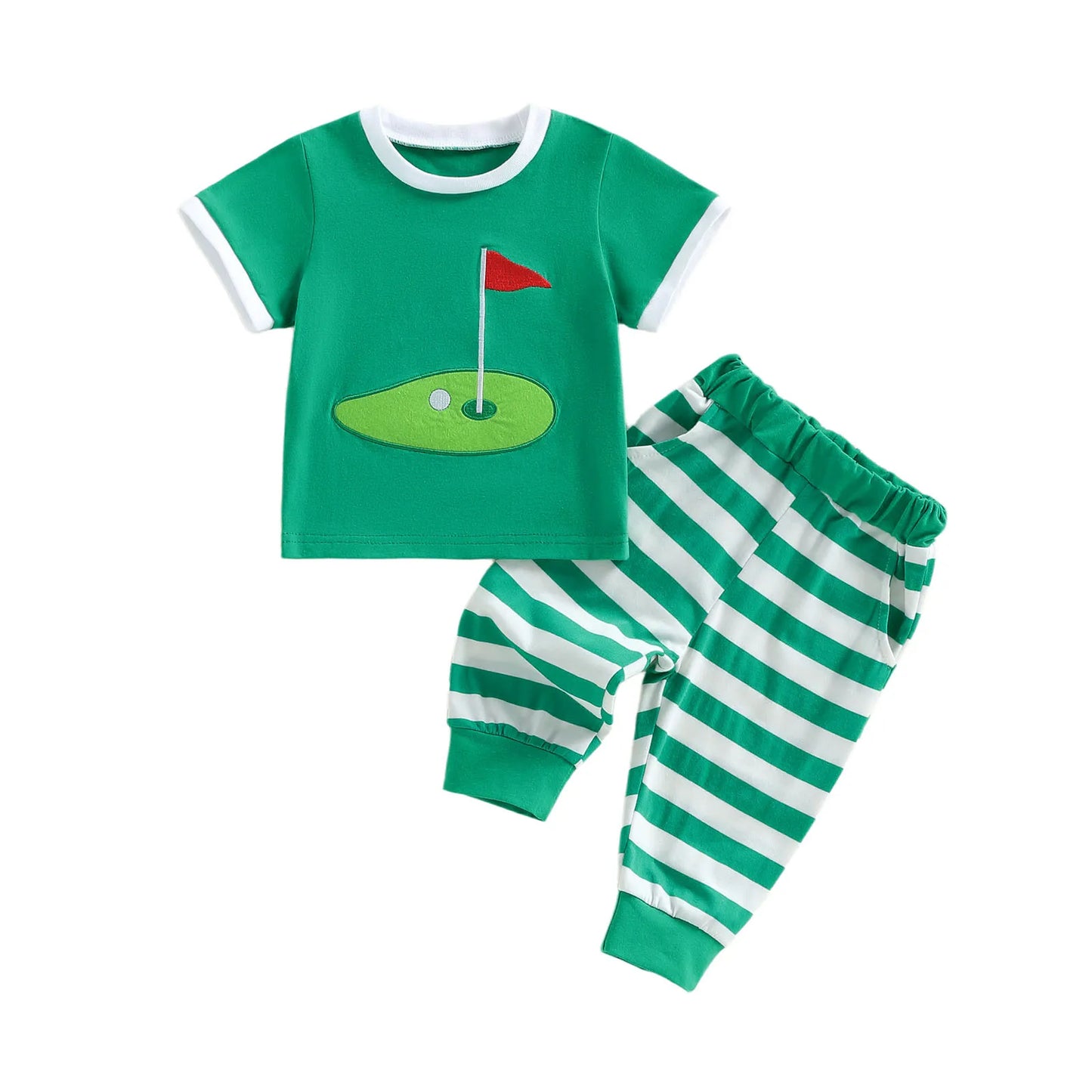 Baby Toddler Boys 2Pcs Outfit Short Sleeve Crew Neck Embroidery Golf Court T-shirt Top with Striped Pants Summer Outfit