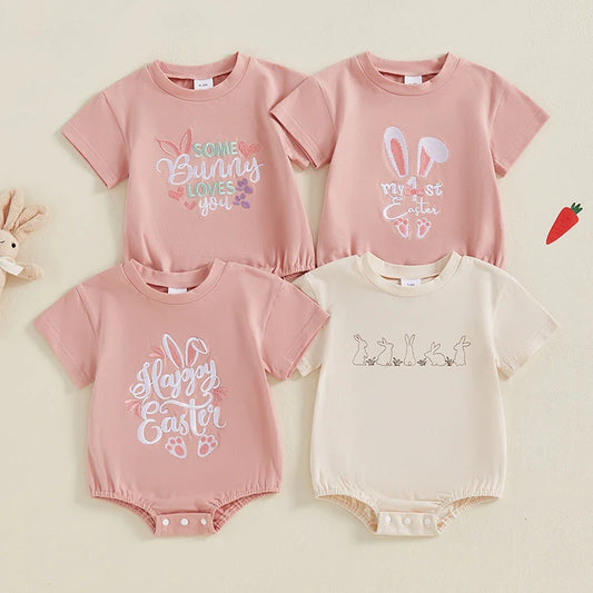 Baby Girls Boys Easter Jumpsuit Some Bunny Loves You / My 1st Easter / Happy Easter / Rabbits Embroidered Short Sleeve Bodysuit Romper