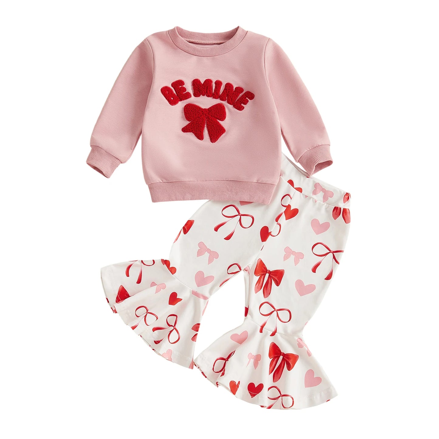 Baby Toddler Girls 2Pcs XOXO Be Mine Valentine's Day Outfit Bow Embroidery Long Sleeve Pullover Top with Bell Bottoms Clothing Set