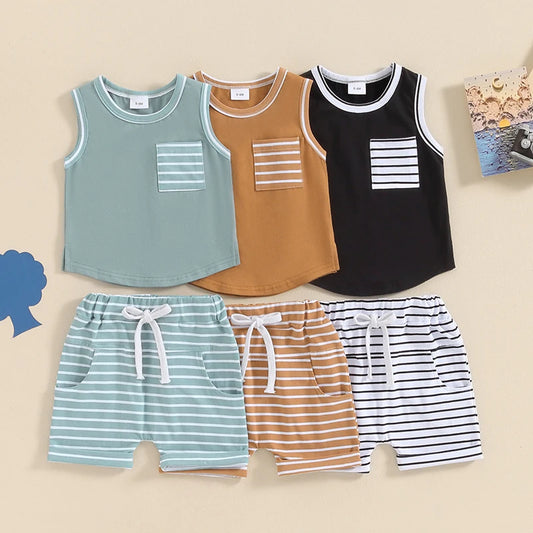 Baby Toddler Boys 2Pcs Summer Outfit Pocket Sleeveless Tank Top and Stripe Elastic Waist Shorts Clothes Set