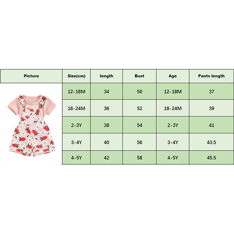 Toddler Kids Girls 2Pcs Summer Outfit Solid Color Ribbed Short Sleeve Top and Flower Strawberry Print Suspender Shorts Overalls Set