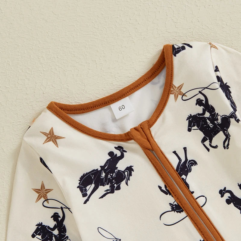 Baby Boy Zipper Romper Casual Western Cowboy Horse Print Long Sleeve Jumpsuit