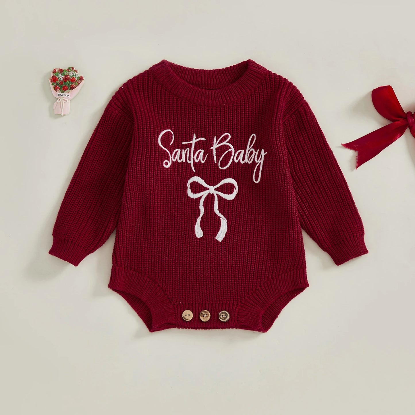 Baby Girl Santa Baby Christmas Romper Loose Fit Letter Bow Embroidery Ribbed Knit Long Sleeve Infant Winter Sweater