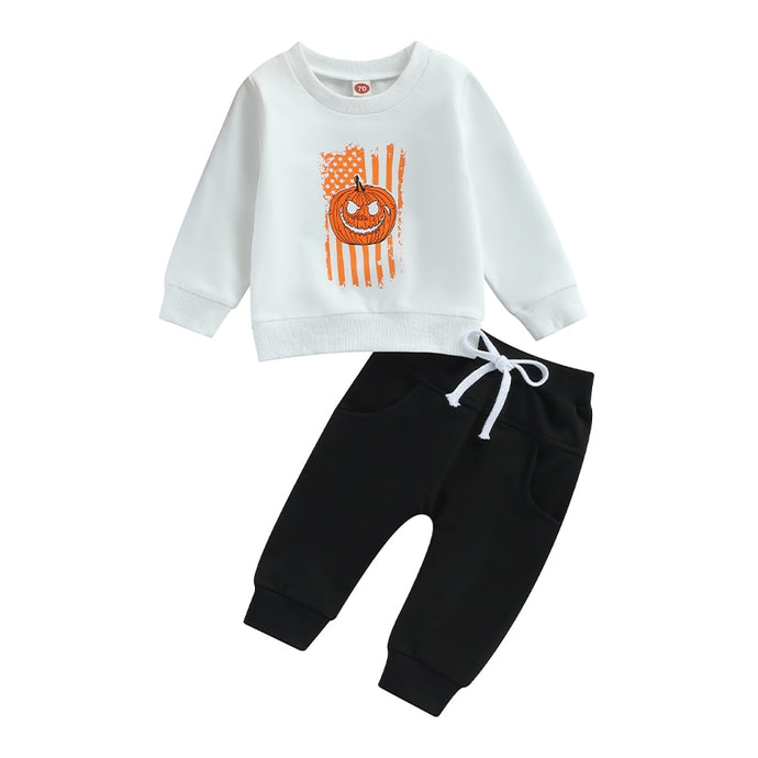 Baby Toddler Boys 2Pcs Halloween Clothes Sets Long Sleeve Pumpkin Print Tops Drawstring Pants Sets