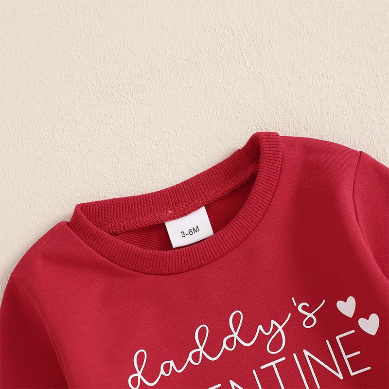 Baby Toddler Girls 2Pcs Daddy's Valentine Valentine's Day Outfit Letter Print Long Sleeve Crewneck Top with Heart Pattern Long Jogger Pants Valentines Set