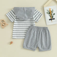 Load image into Gallery viewer, Toddler Baby Boy 2Pcs Spring Summer Clothes Short Sleeve Striped Hooded Top With Pocket Solid Color Jogger Short Set Outfit
