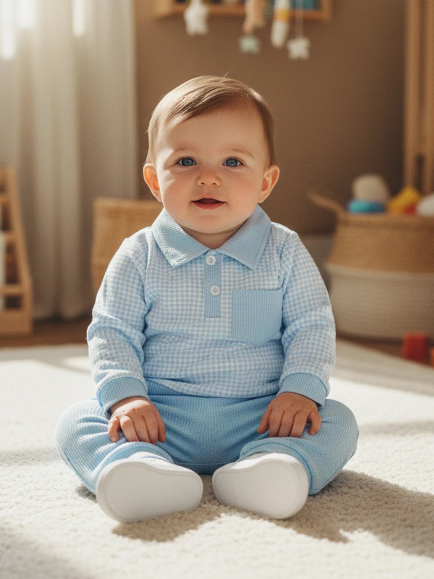 Baby Toddler Boys 2Pcs Outfit Long Sleeve Plaid Collared Top + Jogger Pants Set