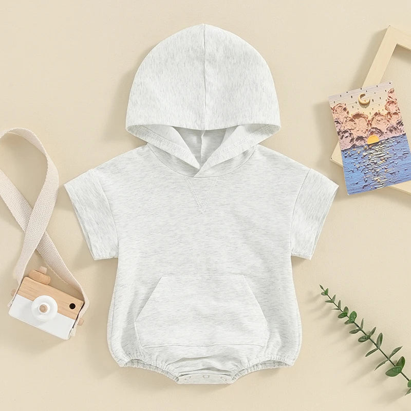 Baby Boy Girl Solid Color Hooded Bodysuit Oversized Short Sleeve Bubble Jumpsuit Pocket Spring Summer Clothes