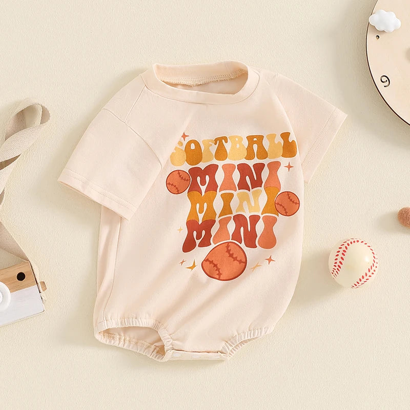 Baby Boys Girls Softball Mini Letter Baseball Print Romper Short Sleeve Round Neck Jumpsuit