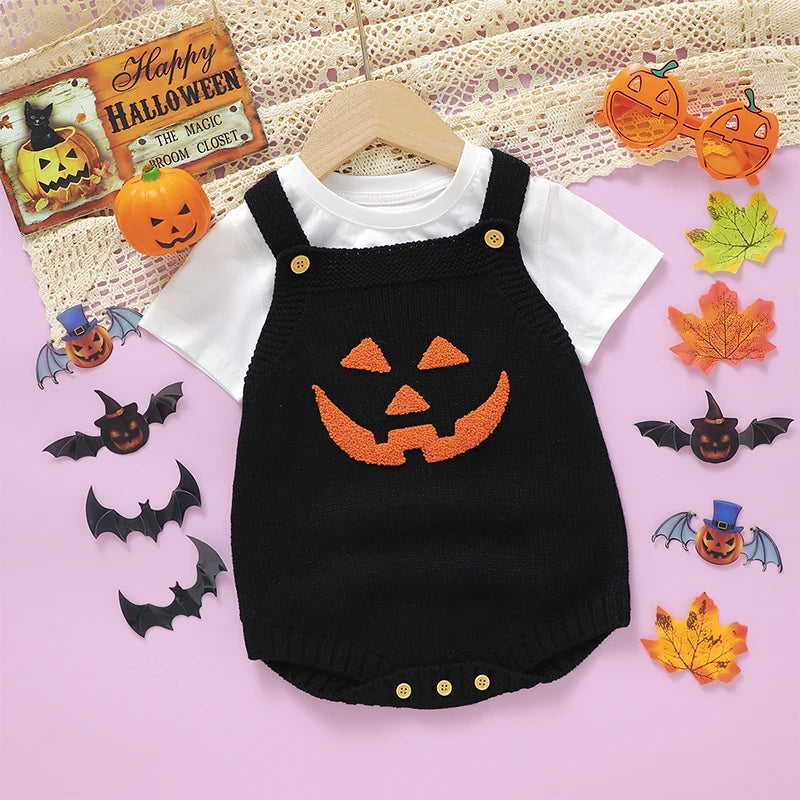 Baby Boys Girls Knit Romper Sleeveless Pumpkin Face Jack O Lantern Bodysuit Overalls Halloween