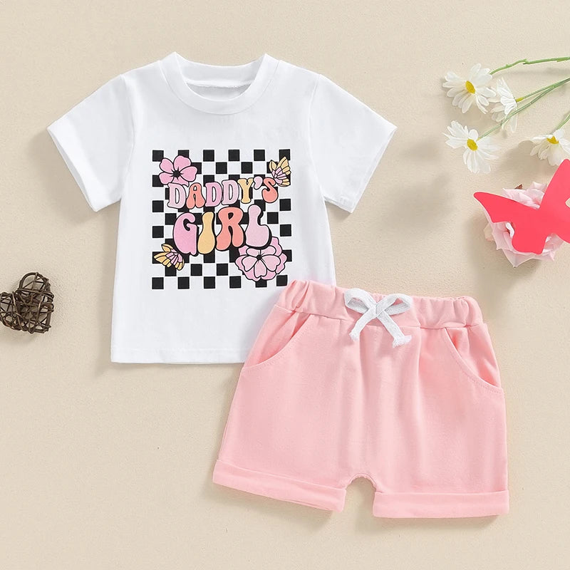 Baby Toddler Girls 2Pcs Mama's / Daddy's Girl Summer Outfit Letter Floral Flowers Checker Print Short Sleeve Top with Solid Color Elastic Waist Shorts Set