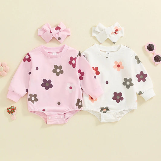 Baby Girls 2Pcs Buble Romper Floral Flowers Print Round Neck Long Sleeve Jumpsuit with Headband Fall Set