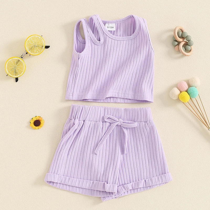 Baby Toddler Girls 2Pcs Ribbed Tank Top Elastic Waistband Drawstring Shorts Matching Outfit Set