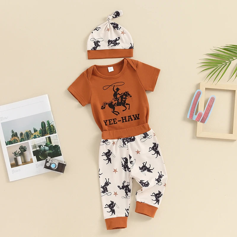 Baby Boy 3Pcs Outfit Yee-Haw Short Sleeve Romper Elastic Waist Star Cowboy Print Pants Hat Clothes Set