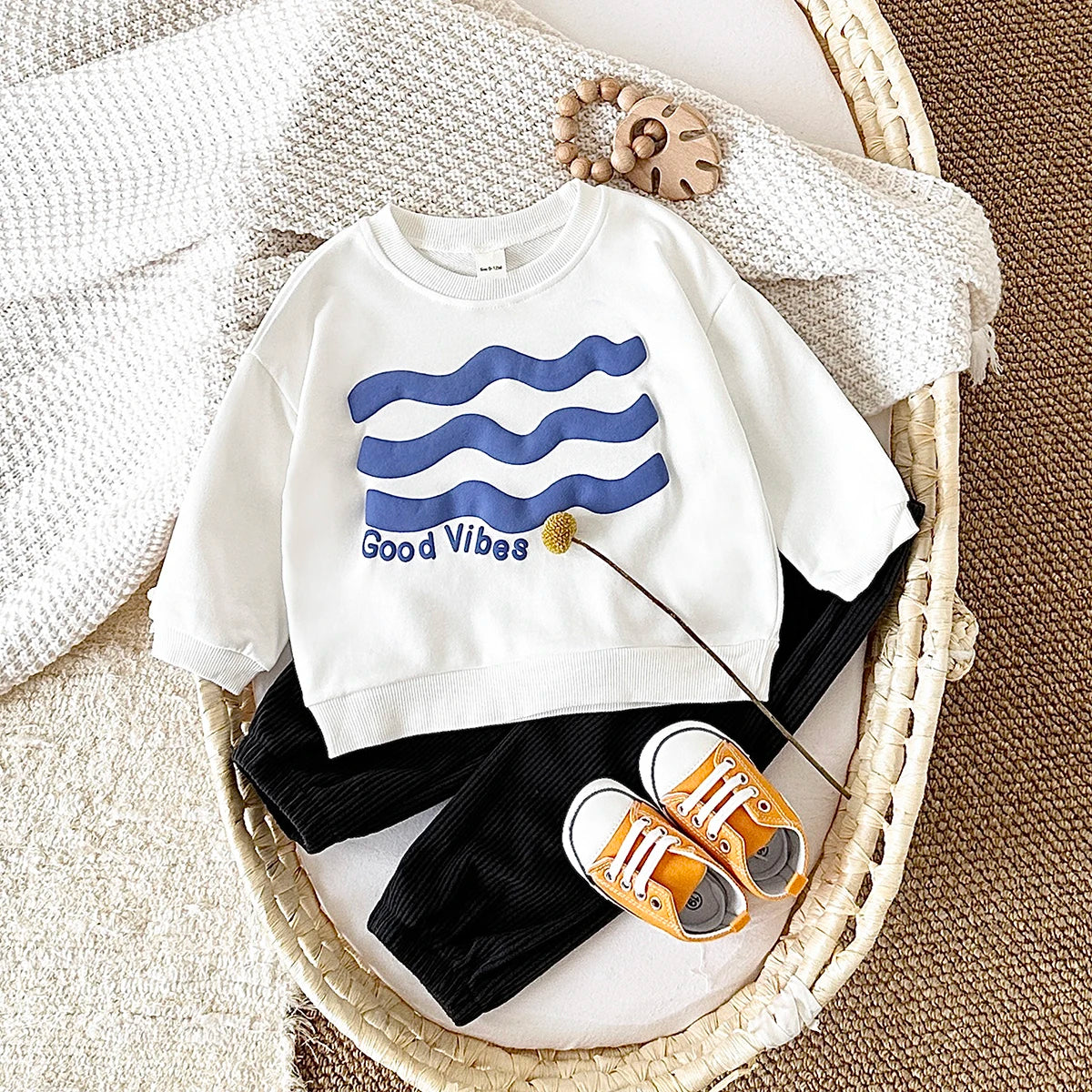 Baby Toddler Girls Boys 2Pcs Set Flowers / Waves / Sun Good Vibes Letters Print Pullover Long Sleeve Crewneck Top + Corduroy Pants Outfit