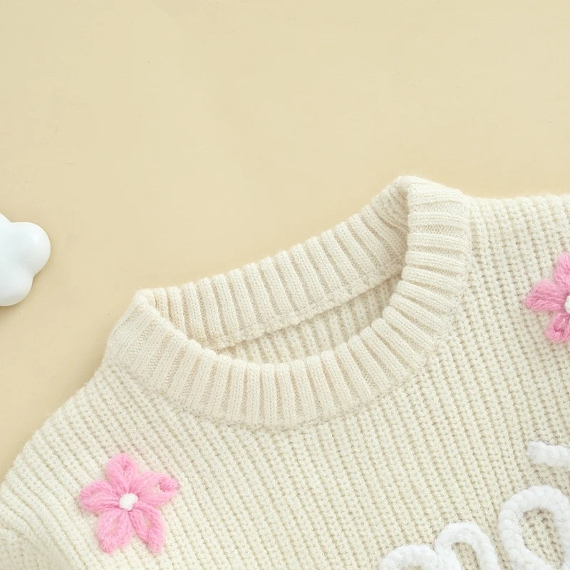 Baby Toddler Girl Mama's Bestie Knit Sweater Long Sleeve Flower Letters Embroidery Sweater Knitwear Top