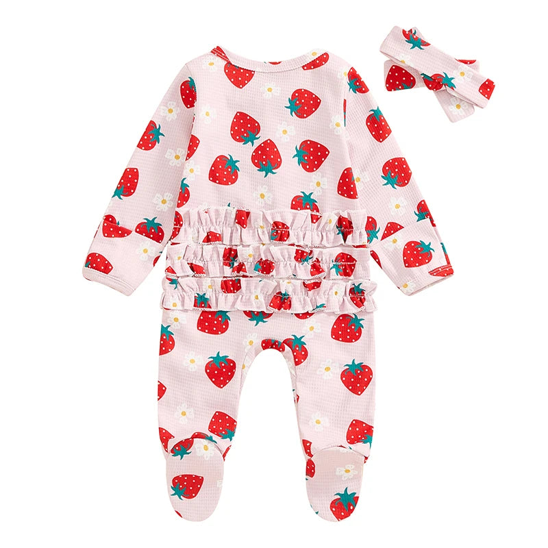 Baby Girls 2Pcs Long Sleeve Strawberry Flower Butterfly Print Frills Zipper Footies Jumpsuit and Headband Romper Set