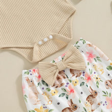 Load image into Gallery viewer, Baby Girl 3Pcs Easter Outfit Solid Ribbed Long Sleeve Romper with Flower &amp; Bunny Print Flare Pants and Headband Bow Set
