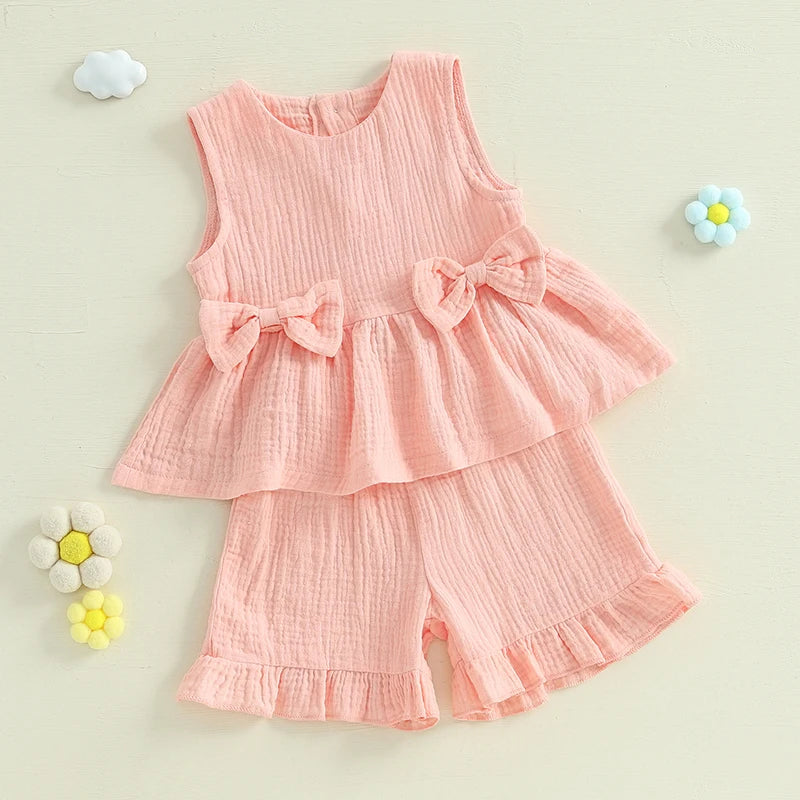 Baby Toddler Kids Girl 2Pcs Summer Clothes Solid Color Bow Round Neck Tank Top + Elastic Waist Ruffled Shorts Set