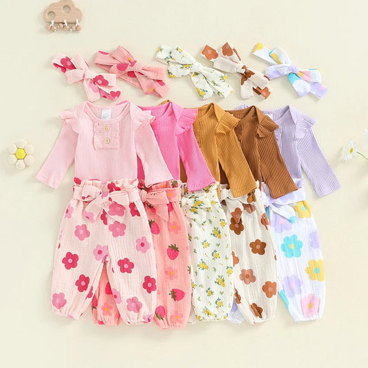 Baby Girls 3Pcs Fall Outfit Long Sleeve Ribbed Romper + Floral Flower Print Pants + Headband Set