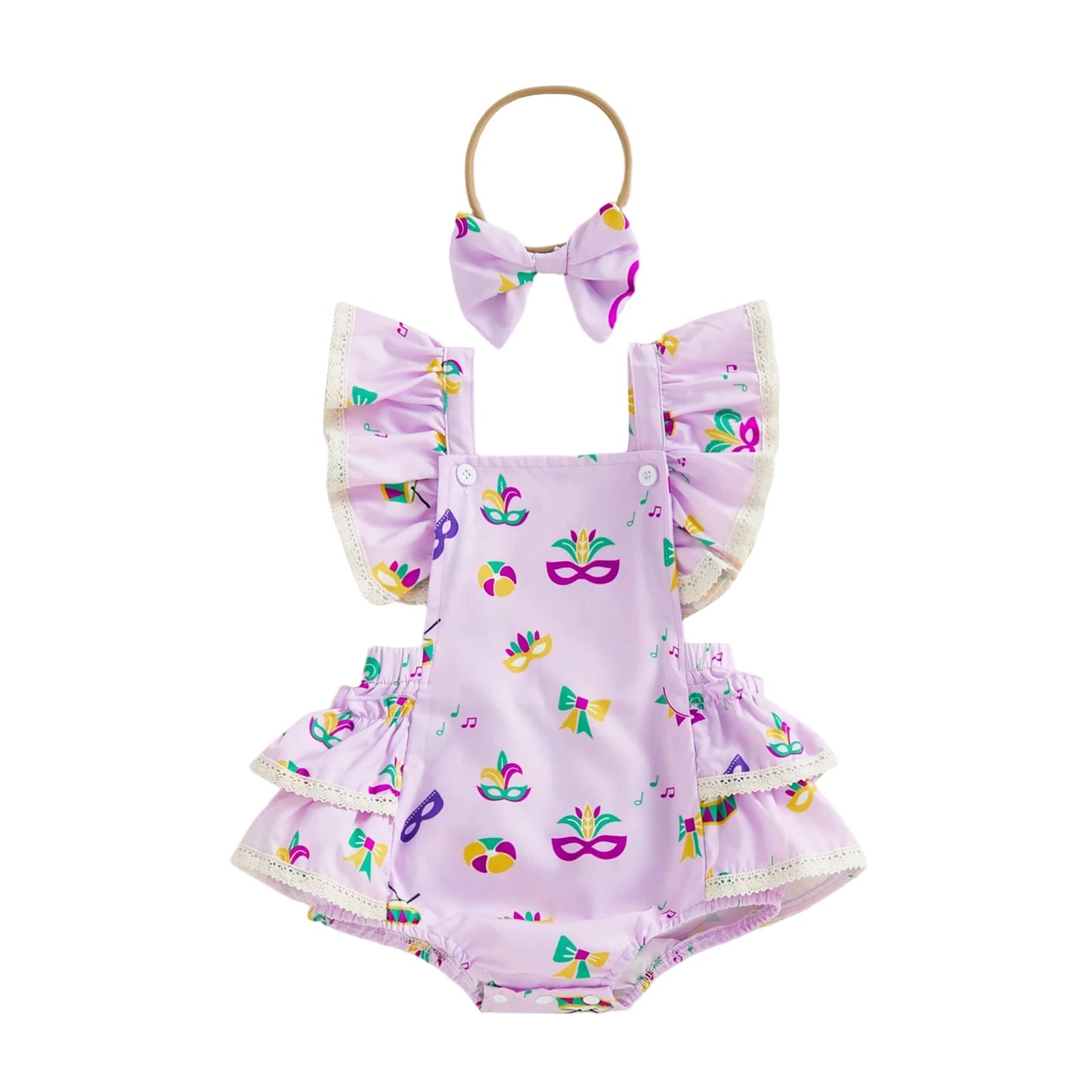 Baby Girl 2Pcs MardiGras Outfit Ruffled Trim Flying Sleeve Romper and Bow Headband Set