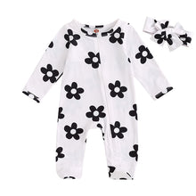 Load image into Gallery viewer, Baby Girl 2Pcs Fall Romper Outfits Long Sleeve Floral Print Zip Up Jumpsuit Headband Boy Set
