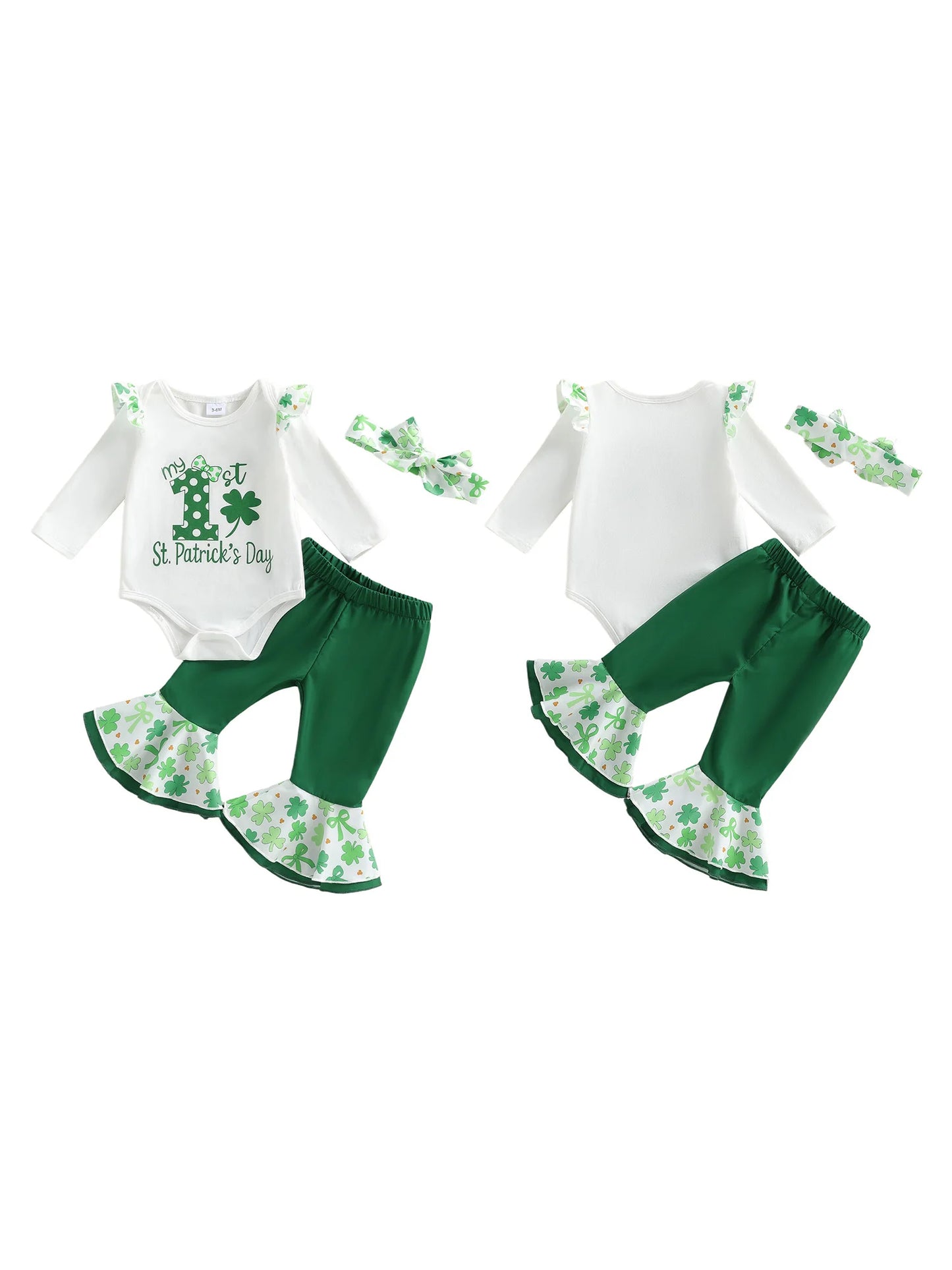 Baby Girls 3Pcs My 1st St. Patrick's Day Outfit Long Sleeve Letters Print Romper with Shamrock Print Pants and Headband Set