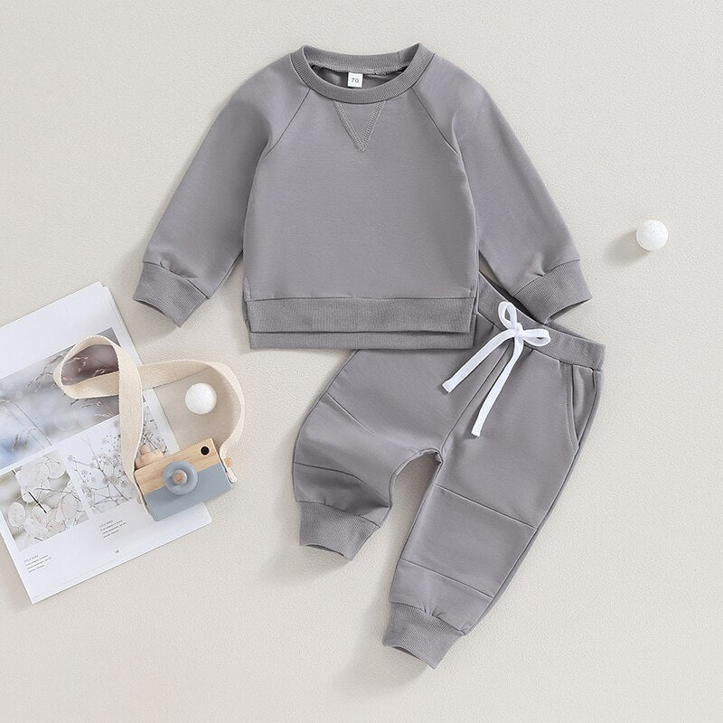 Toddler Baby Boys Girls 2Pcs Fall Outfits Long Sleeve Split Hem Tops Pocket Pants Solid Color Clothes Sets