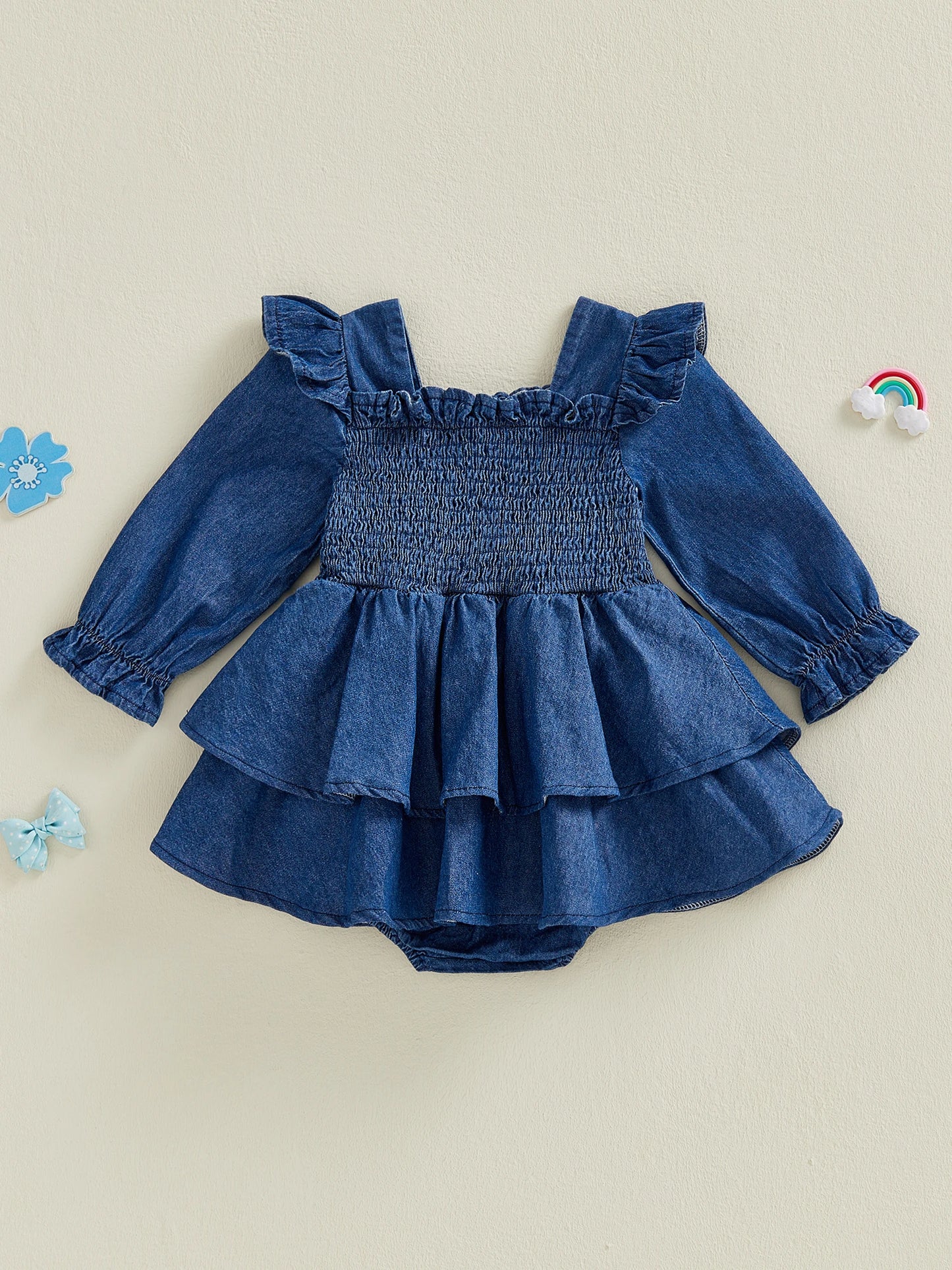 Baby Girl Denim Romper Dress Fashionable Cute Solid Color Long Bubble Sleeve Jumpsuit