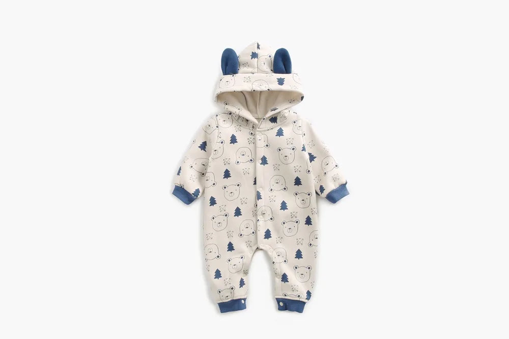 Baby Toddler Boy Girl Winter Clothes Fleece Thick Baby Romper Warm Long Sleeve Hooded Ears Jumpsuit