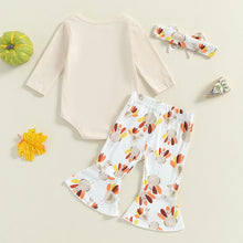 Load image into Gallery viewer, Baby Girls 3Pcs Little Turkey Thanksgiving Outfit Letter Print Long Sleeve Romper Turkey Print Flare Pants Tie Headband Set
