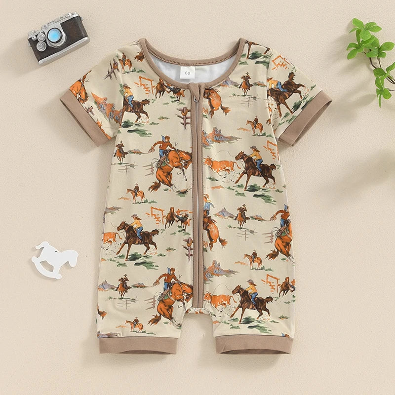 Baby Boys Summer Romper Short Sleeve Crew Neck Cactus Cow Horse Cowboy Print Zipper Jumpsuit