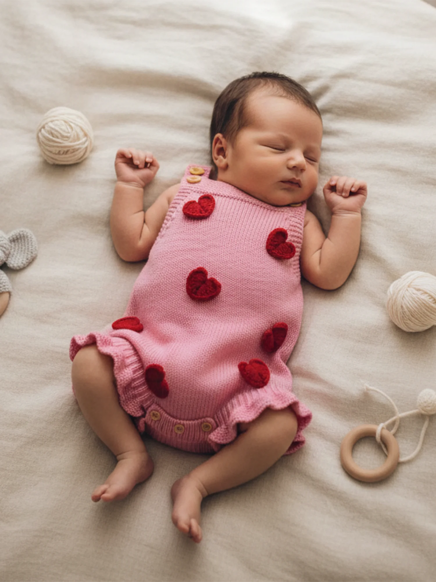 Baby Girl Valentine’s Day Sweater Romper Sleeveless Square Neck Heart Bodysuit Newborn Knit Overalls