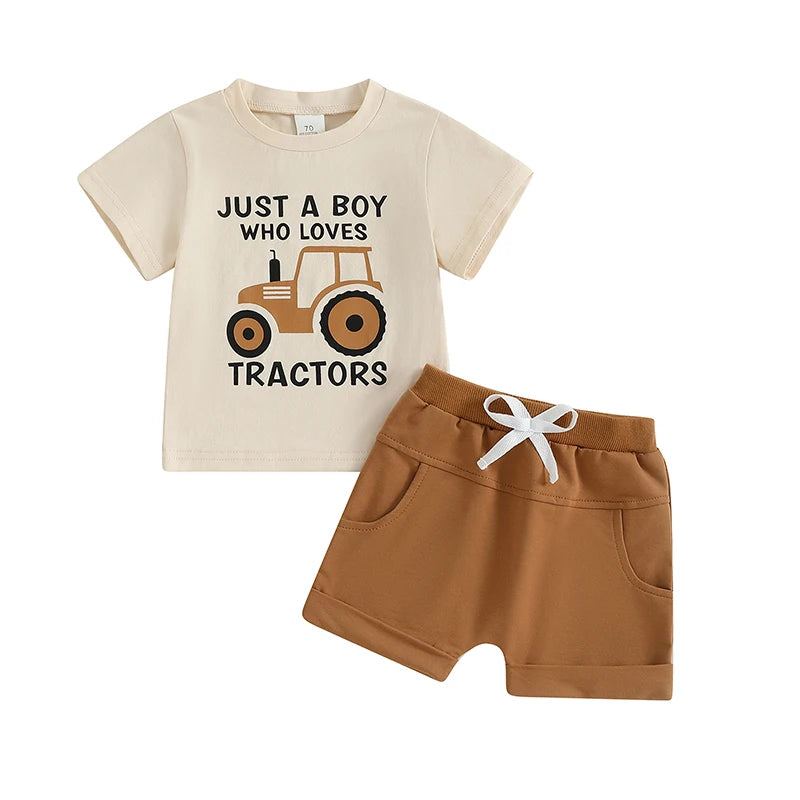 Baby Toddler Boys 2Pcs Summer Outfit Just A Boy Who Loves Tractors Letter Print Round Neck Short Sleeve Top with Solid Shorts Set