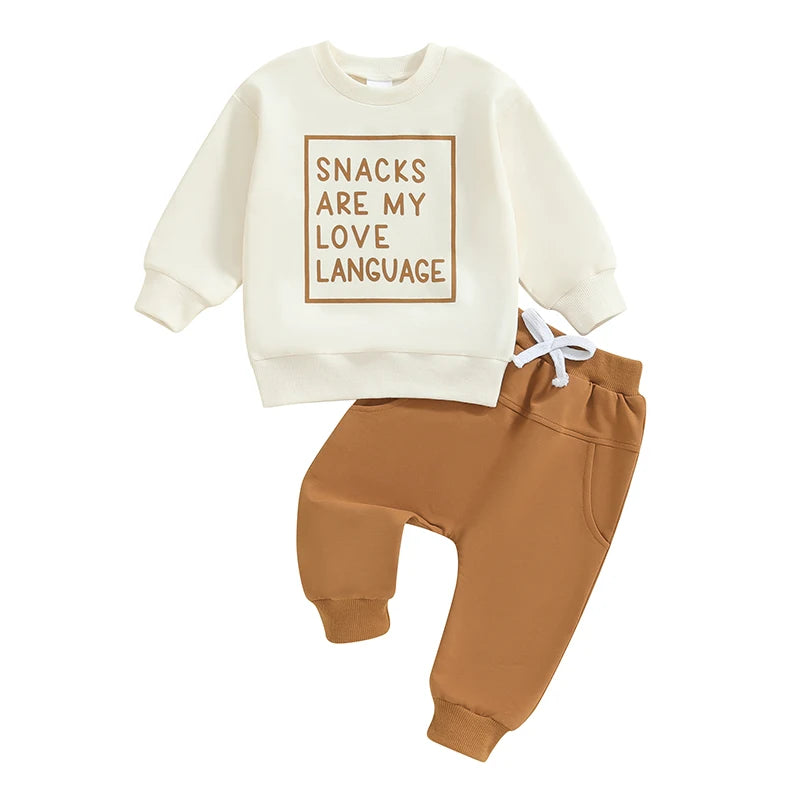 Baby Toddler Boys Girls 2Pcs Snacks Are My Love Language Long Sleeve Crew Neck Letters Print Top with Elastic Waist Pants Set