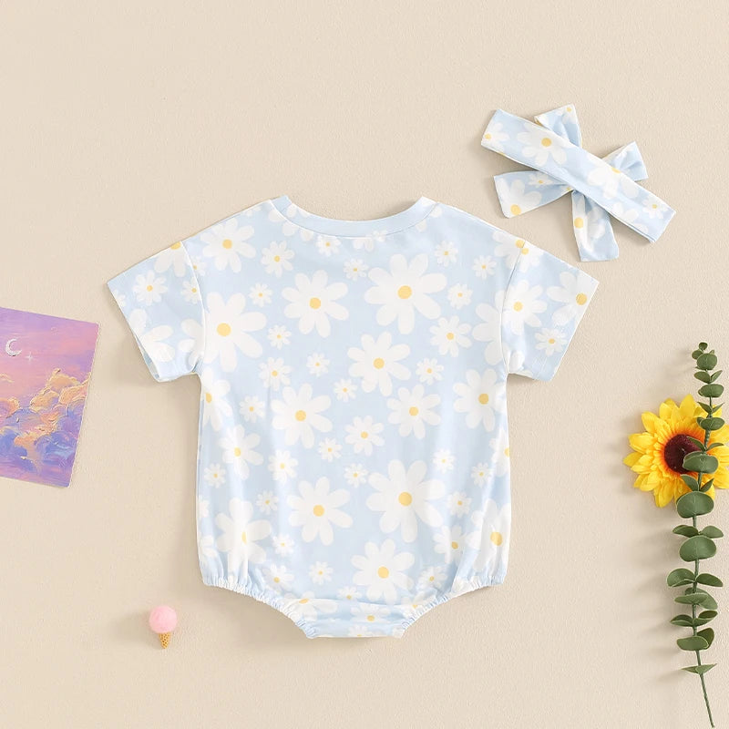 Baby Girl 2Pcs Summer Jumpsuit Daisy Flower Print Short Sleeve Round Neck Romper with Headband Set