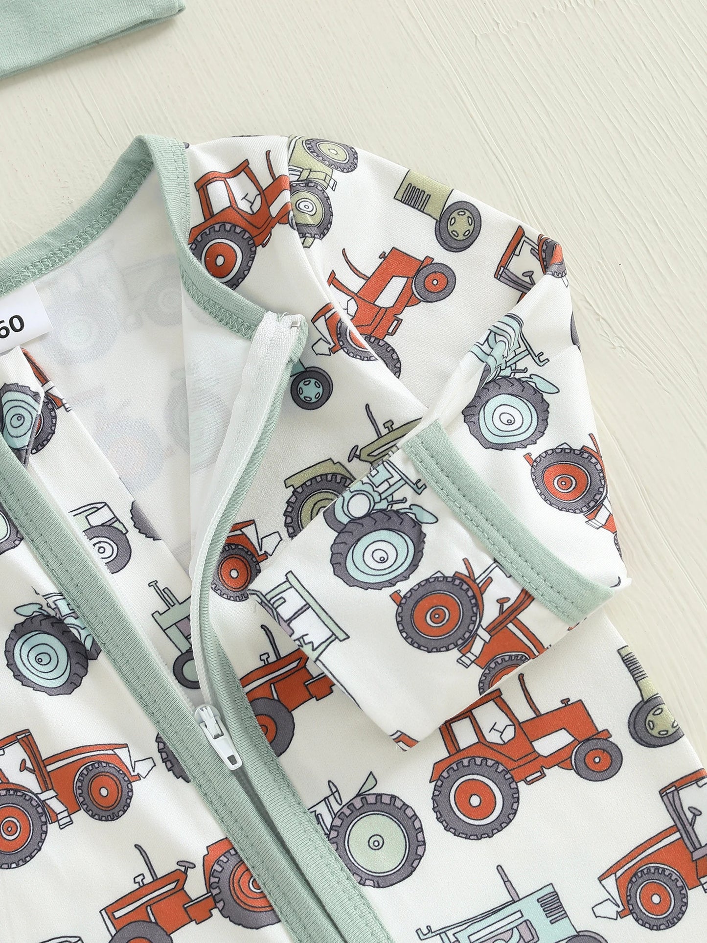 Baby Boys 2Pcs Fall Footed Romper Cute Tractor Pattern Round Neck Long Sleeve Zipper Jumpsuit with Hat Set