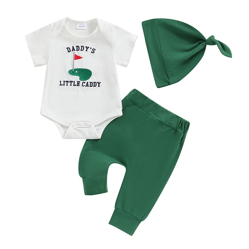 Baby Boys 3Pcs Daddy's Little Caddy / New To The Club Golf Outfit Short Sleeve Embroidery Romper + Pants + Hat Set