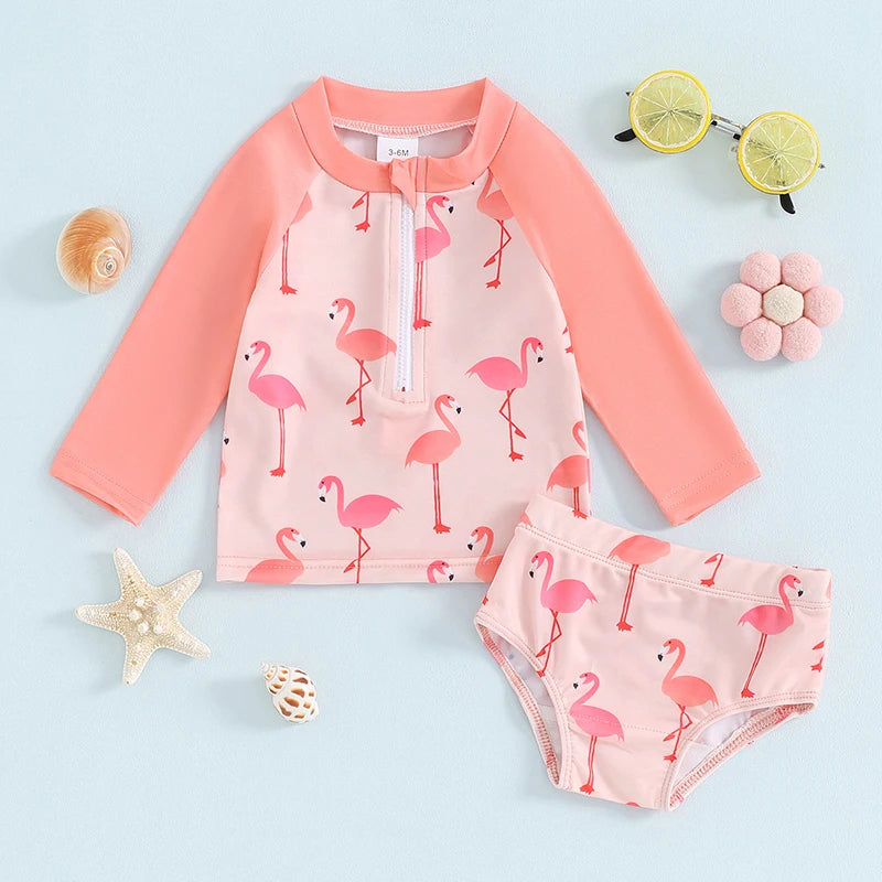 Baby Toddler Girls 2Pcs Two Piece Swimsuits Long Sleeve Seashell/Bird Flamingo Print Bathing Suit Summer Swimwear