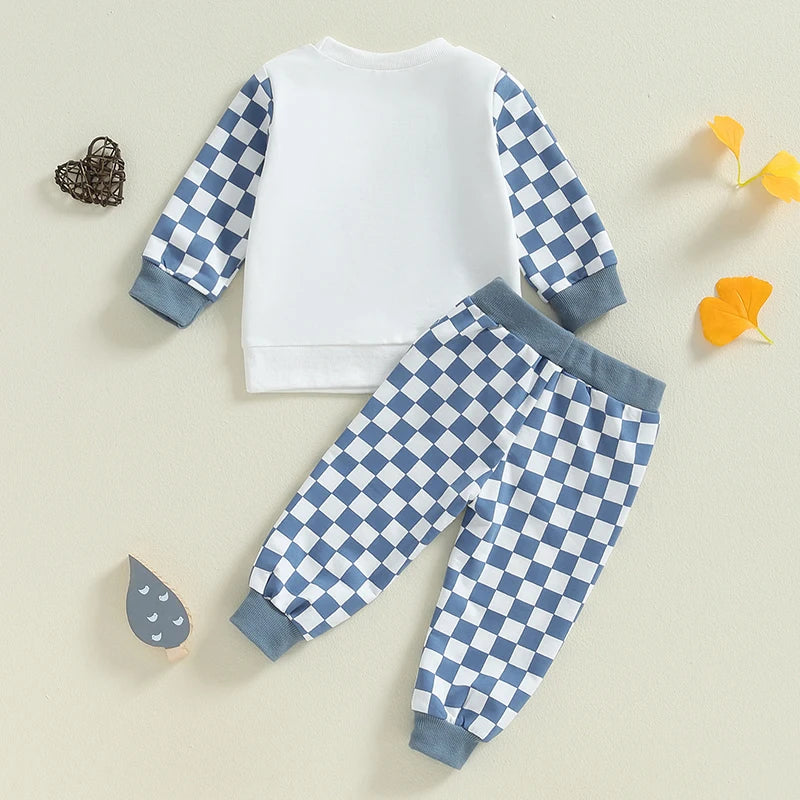 Baby Toddler Boys 2Pcs Mama's Boy Outfit Long Sleeve O Neck Letter Checker Print Top Drawstring Pants Set