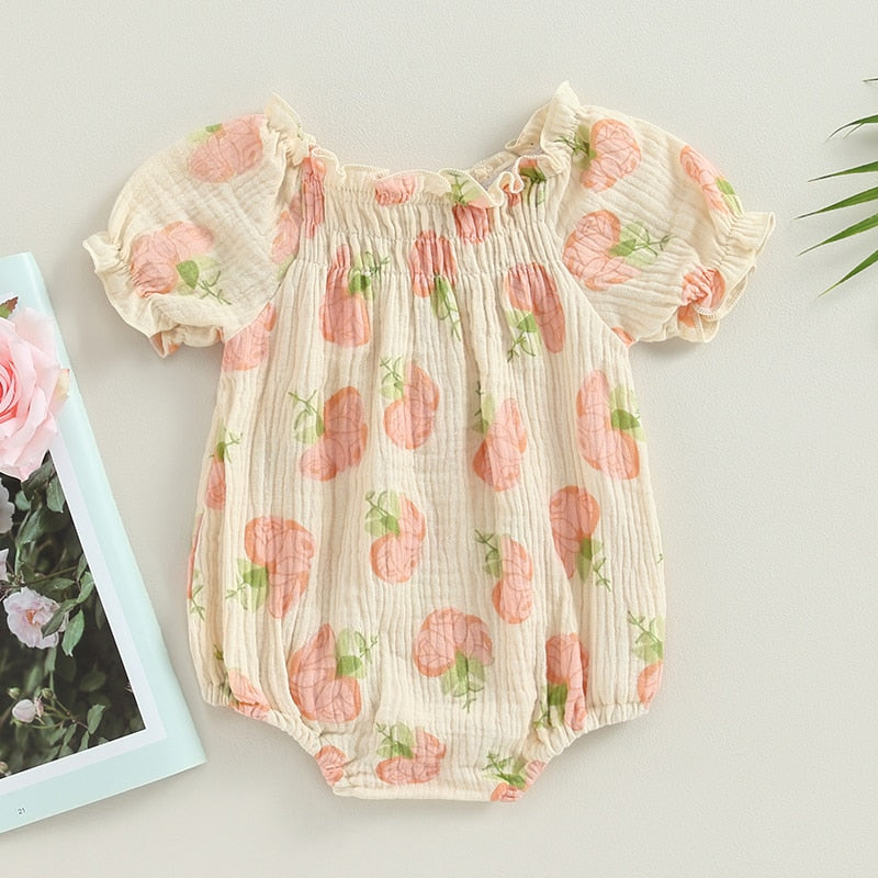 Toddler Baby Girls Bodysuit Flower Print Short Puff Sleeve Jumpsuit Clothes