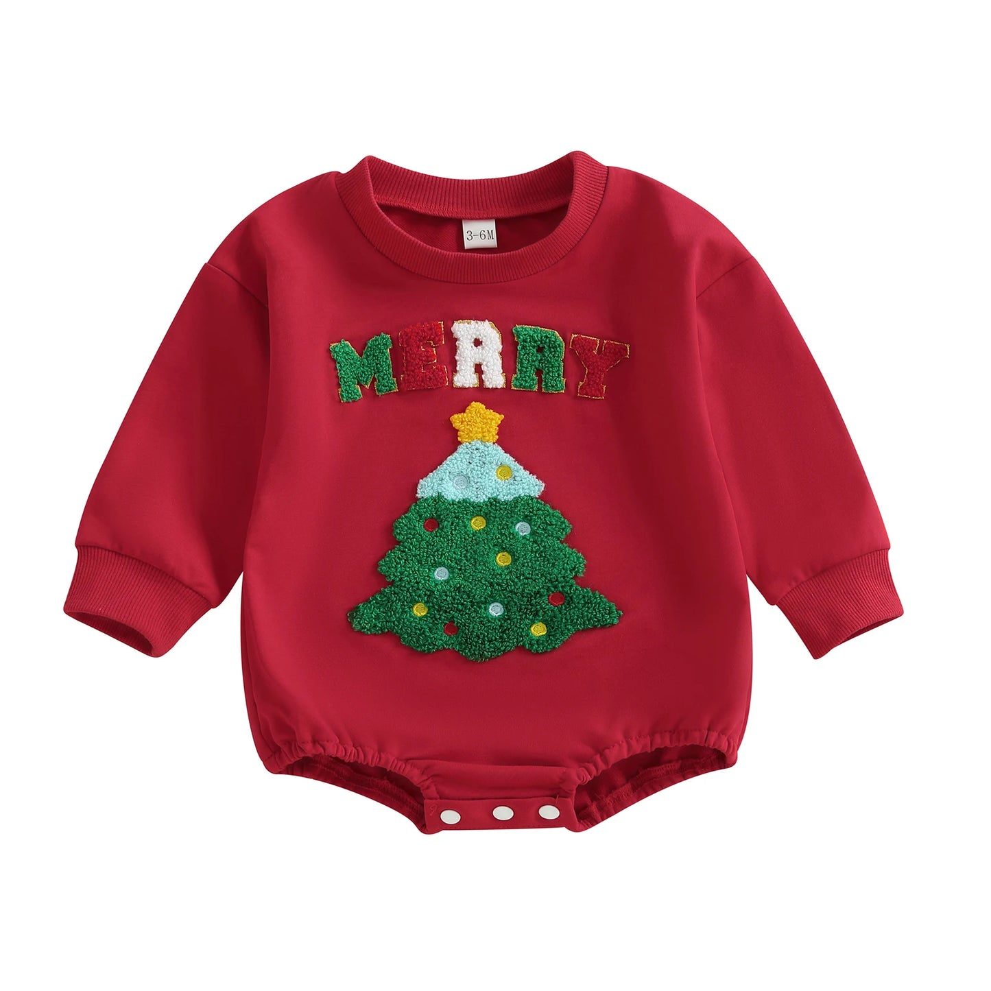 Baby Girl Boy Merry Romper Long Sleeve Round Neck Letter Christmas Tree Embroidery Bubble Jumpsuit