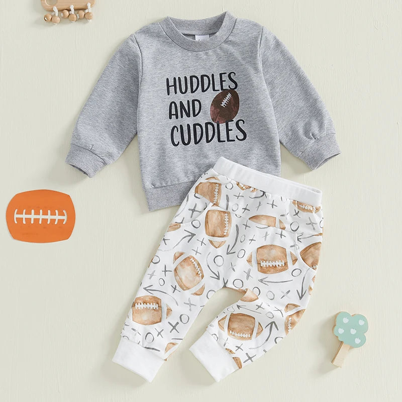 Baby Toddler Boys 2Pcs Football Outfit Long Sleeve Letter Huddles and Cuddles Print Top + Pants Fall Game Day Set