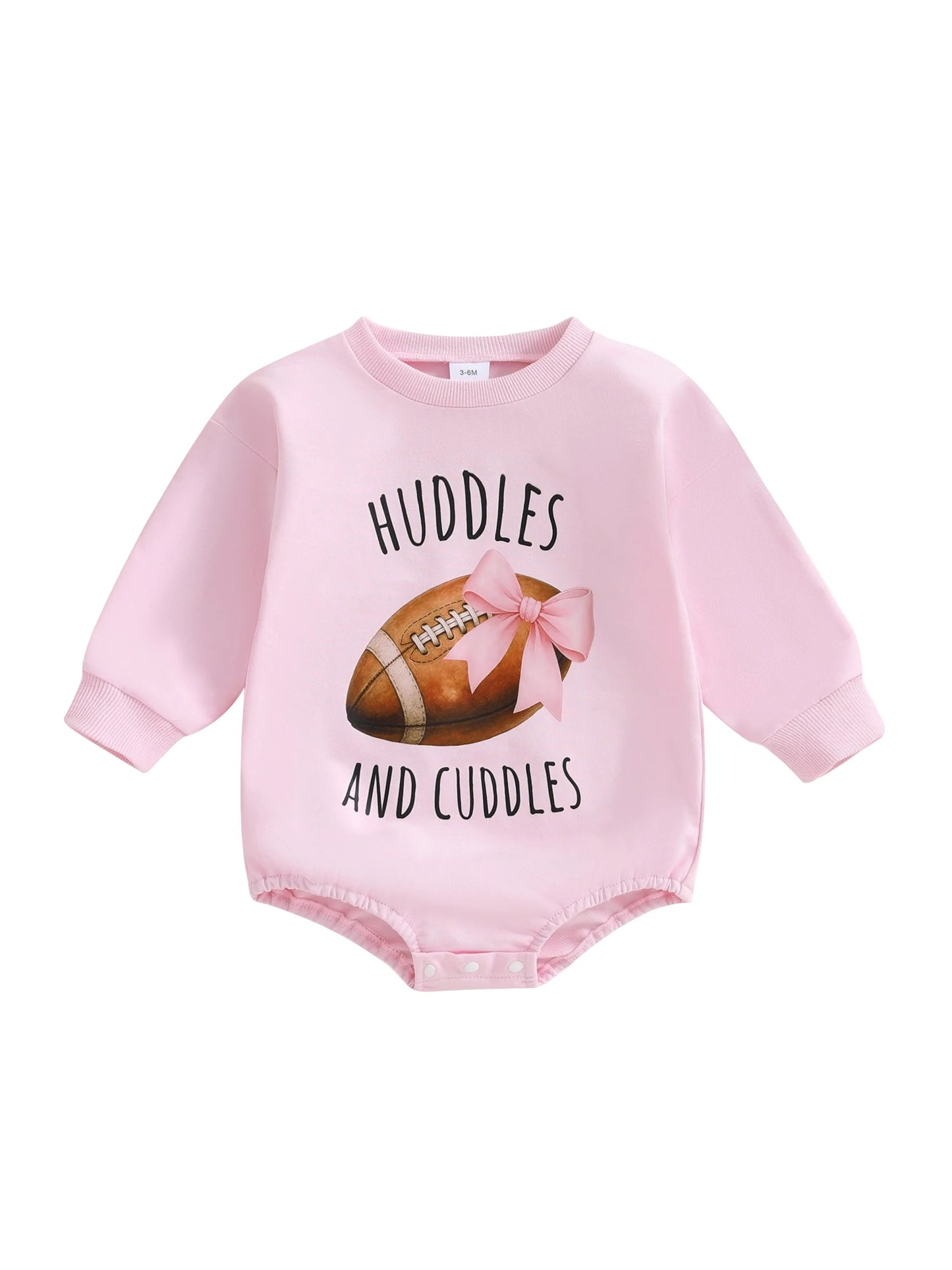 Baby Girl Huddles and Cuddles Bubble Romper Long Sleeve Crew Neck Bow Football Print Bodysuit Clothes