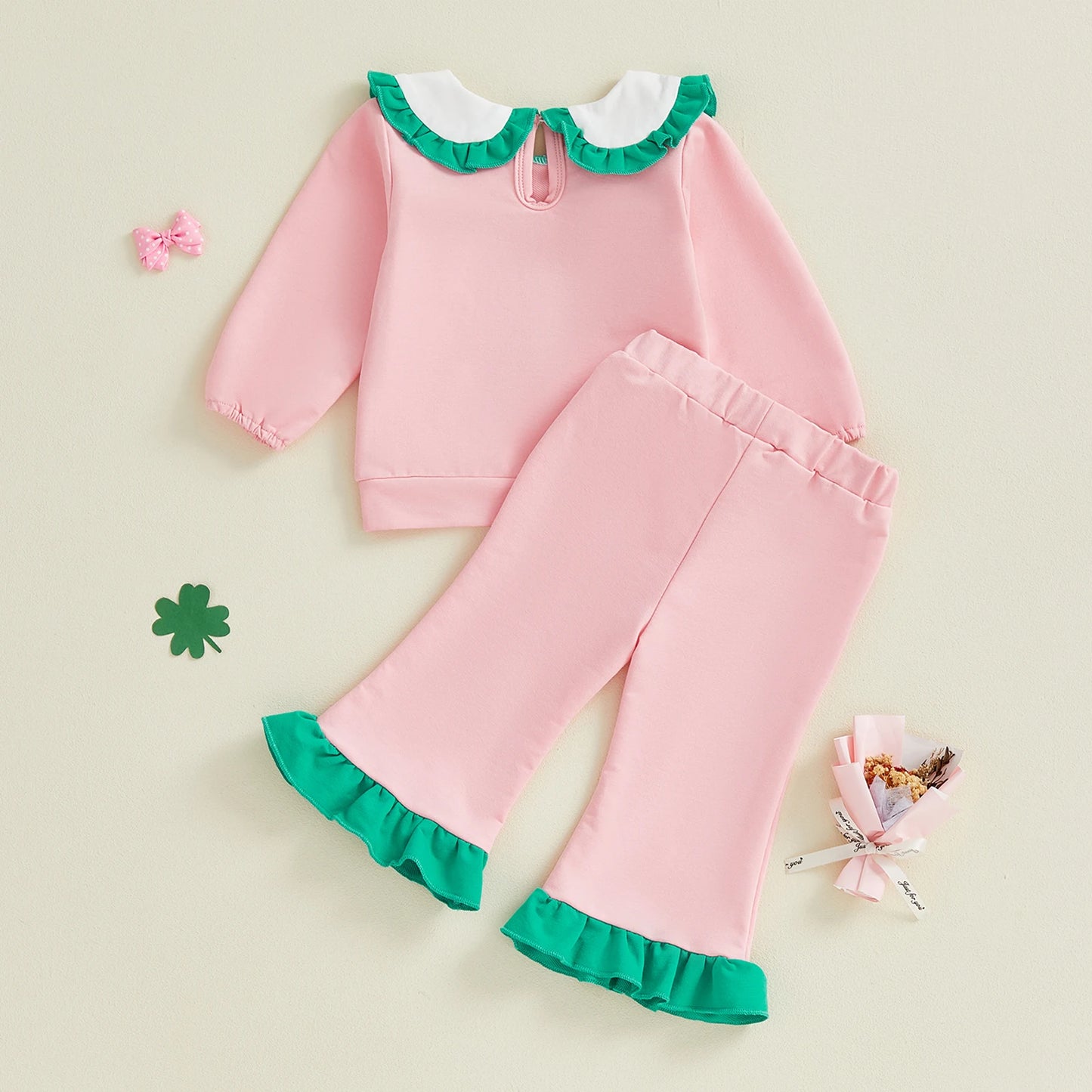Baby Toddler Girl 2Pcs Spring Outfit Clover Bow Embroidered Doll Collar Top and Flare Pants 2 Piece Set